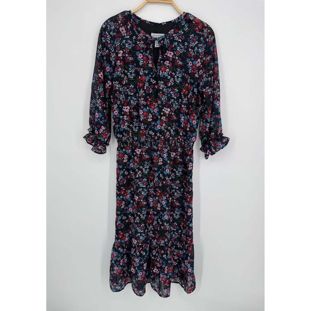 Olivia James The Label Floral Midi Dress XS Black Ruffle Hem Smocked Waist Boho - Picture 3 of 10